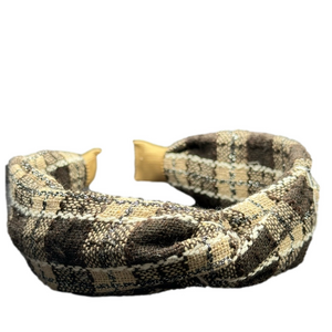 Fall Knit Plaid Twist Headband - Dark Brown